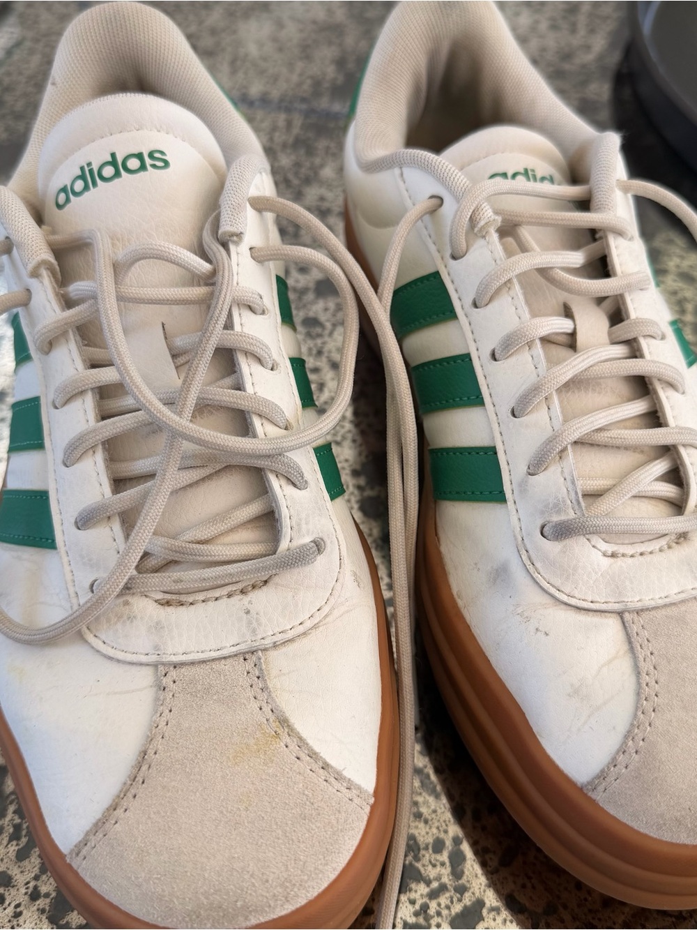adidas Women’s White Sneakers with Green Stripes and Gum Sole